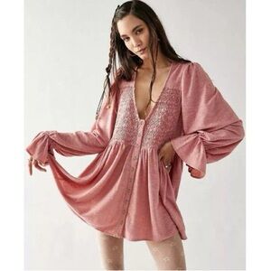 Free People Tunic Don’t Call me Baby button down shirt dress Pink Rose Small